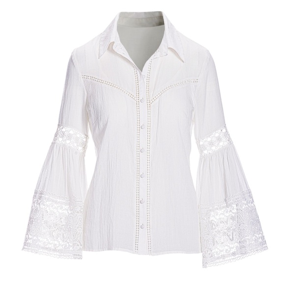 Romantic White Flare sleeve Lace Trim Cotton Button Up Shirt Classic Size 8 READ - Picture 2 of 8